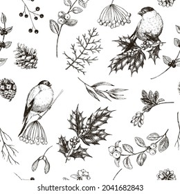 Patrón sin foco con aves y plantas de invierno. Diferentes ramas, conos y aletas. Elementos de sketch floral vintage dibujados a mano. Diseño vectorial en blanco y negro. Impresión botánica para tela, scrapbooking.