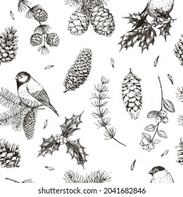 Patrón sin foco con aves y plantas de invierno. Dulces y conos. Pino, larca, teta, bullfinch. Elementos de sketch floral vintage dibujados a mano. Diseño vectorial en blanco y negro. Huella botánica.