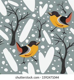 Seamless Pattern. Winter. Birdss, spruce, berries, fir and trees.Vector Illustration. Winter/Merry Christmas Collection. Modern Design