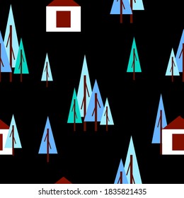 Seamless pattern with winter blue fir trees and white house. Black background. Cartoon flat style. Garden or forest. Merry Christmas. Postcards, wallpaper, textile, scrapbooking and wrapping paper