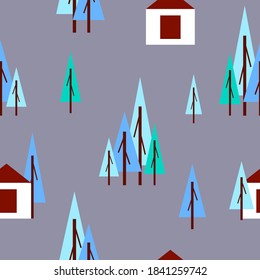 Seamless pattern with winter blue fir trees and white house. Gray background. Cartoon flat style. Garden or forest. Merry Christmas. Postcards, wallpaper, textile, scrapbooking and wrapping paper