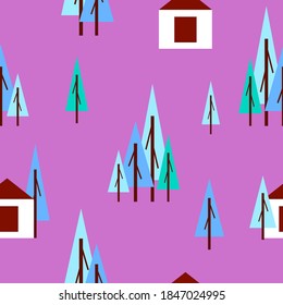 Seamless pattern with winter blue fir trees and white house. Violet background. Cartoon flat style. Garden or forest. Merry Christmas. Postcards, wallpaper, textile, scrapbooking and wrapping paper