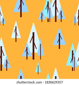 Patrón sin foco con abetos azules de invierno. Fondo naranja. Caricatura de estilo plano. Jardín, bosque. Naturaleza y ecología. Feliz Navidad. Postales, papel pintado, textil, papel de depósito de chatarra y papel de embalaje