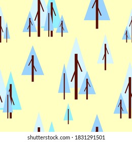 Patrón sin foco con abetos azules de invierno. Fondo amarillo. Caricatura de estilo plano. Jardín, bosque. Naturaleza y ecología. Feliz Navidad. Postales, papel pintado, textil, papel de depósito de chatarra y papel de embalaje