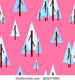 Seamless pattern with winter blue fir-trees. Pink background. Cartoon flat style. Garden or forest. Nature and ecology. Merry Christmas. Postcards, wallpaper, textile, scrapbooking and wrapping paper