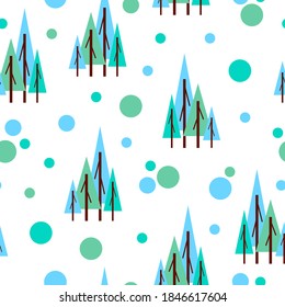 Seamless pattern winter blue and green fir trees. White background. Flat style. Garden or forest. Nature and ecology. Merry Christmas. Postcards, wallpaper, textile, scrapbooking and wrapping paper
