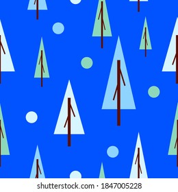 Seamless pattern winter blue and green fir trees. Blue background. Flat style. Garden or forest. Nature and ecology. Merry Christmas. Postcards, wallpaper, textile, scrapbooking and wrapping paper