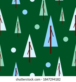 Seamless pattern winter blue and green fir trees. Green background. Flat style. Garden or forest. Nature and ecology. Merry Christmas. Postcards, wallpaper, textile, scrapbooking and wrapping paper