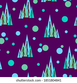 Seamless pattern winter blue and green fir trees. Violet background. Flat style. Garden or forest. Nature and ecology. Merry Christmas. Postcards, wallpaper, textile, scrapbooking and wrapping paper