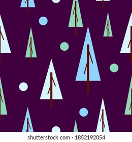 Seamless pattern winter blue and green fir trees. Purple background. Flat style. Garden or forest. Nature and ecology. Merry Christmas. Postcards, wallpaper, textile, scrapbooking and wrapping paper