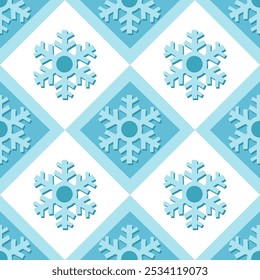 Padrão sem costura inverno azul floco de neve estilo castelo em diamante. Design para papel de parede, placa, avental, vidro, azulejo, utensílios de cozinha, notebook, calendário, tecido, pano, guardanapo, papel de embrulho, presente. Vetor.