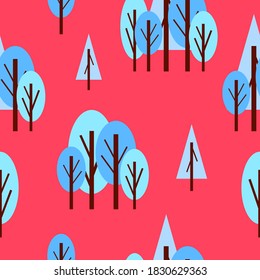 Seamless pattern with winter blue trees. Red background. Cartoon flat style. Garden or forest. Nature and ecology. Merry Christmas. Postcards, wallpaper, textile, scrapbooking and wrapping paper