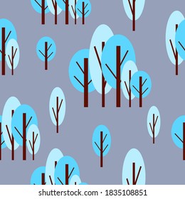 Nahtloses Muster mit winterblauen Bäumen. Grauer Hintergrund. Cartoon-Flachstil. Garten oder Wald. Natur und Ökologie. Frohe Weihnachten. Für Postkarten, Tapeten, Textilien, Scrapbooking und Packpapier