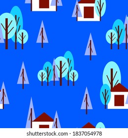 Seamless pattern with winter blue trees and white house. Blue background. Cartoon flat style. Garden or forest. Merry Christmas. Postcards, wallpaper, textile, scrapbooking and wrapping paper