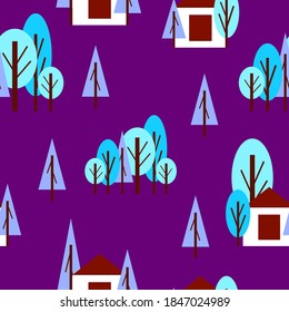 Seamless Pattern With Winter Blue Trees And White House. Violet Background. Cartoon Flat Style. Garden Or Forest. Merry Christmas. Postcards, Wallpaper, Textile, Scrapbooking And Wrapping Paper