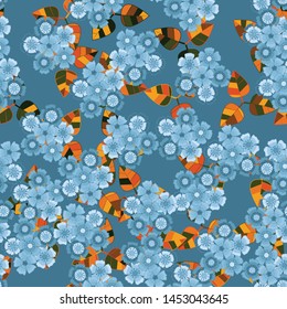 Seamless pattern. Winter bouquets of carnations on the background of autumn leaves. Random arrangement of elements.