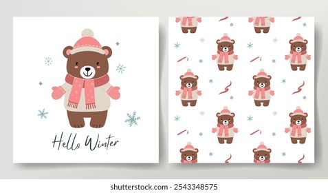Seamless pattern and winter card with cute bear in warm clothes. Christmas template. Winter teddy bear.