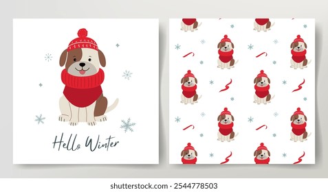 Seamless pattern and winter card with cute dog in warm clothes. Christmas template. Winter puppy.