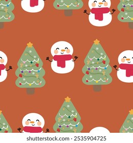 Padrão perfeito de bonecos de neve de desenhos animados de inverno e bonitas árvores de Natal e papel de parede de Natal festivo para papel de embrulho de presente têxtil