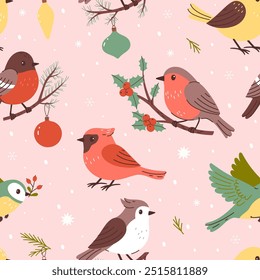 Seamless pattern with winter Christmas birds. Vector graphics.
