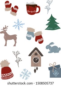 Seamless pattern of winter Christmas color collection set icons mittens, deer, rabbit, clock, branch, cup marshmallows and wool cap with snowflake, fabric card design, vector illustration