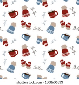 Seamless pattern of winter Christmas color collection set icons mittens, branch, cup marshmallows and wool cap with snowflake, fabric card design, vector illustration