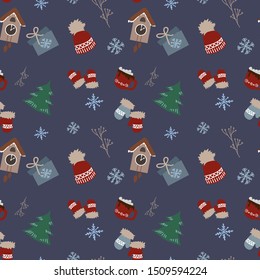 Seamless pattern of winter Christmas color collection set icons mittens, clock, gift, branch, cup marshmallows and wool cap with snowflake, fabric vintage retro card design, vector illustration