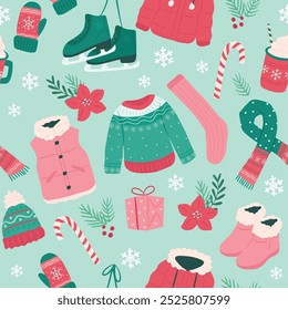 Seamless pattern Winter Christmas fashion sweater, jacket and ice skates