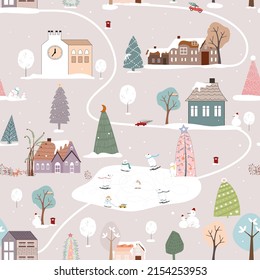 Seamless pattern Winter, Christmas landscape in the town with pine tree,fairy tale house,car,polar bear playing ice skate,Vector cute cartoon design Village on Christmas eve,New year 2023 background