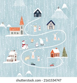 Seamless pattern Winter, Christmas landscape in the town with pine tree,fairy tale house,car,polar bear playing ice skate,Vector cute cartoon design Village on Christmas eve,New year 2023 background