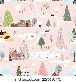 Patrón inmaculado Invierno, paisaje navideño en la ciudad con pino, casa de cuento de hadas, auto, oso polar jugando al patinaje sobre hielo, diseño de dibujos animados Vector lindo pueblo en vísperas de Navidad, Año Nuevo 2024 fondo