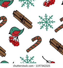 Seamless pattern winter. Christmas motifs. Postcard depicting snowflakes, cinnamon, birds, mountain ash in the snow. Bullfinches on a snow branch. Vector illustration for printing on packaging paper, 