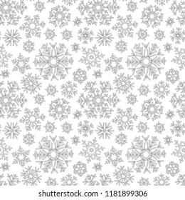 Seamless pattern with winter Christmas snowflakes. Hand-drawn for coloring book. Black and white.