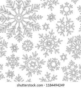 Seamless pattern with winter Christmas snowflakes. Hand-drawn for coloring book. Black and white.