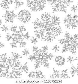 Seamless pattern with winter Christmas snowflakes. Hand-drawn for coloring book. Black and white.