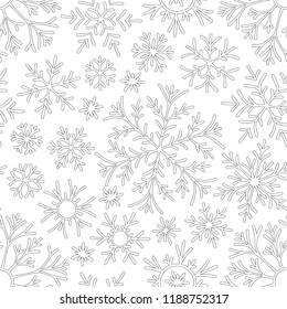Seamless pattern with winter Christmas snowflakes. Hand-drawn for coloring book. Black and white.