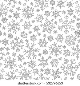 Seamless pattern with winter Christmas snowflakes. Hand-drawn decorative elements in vector. Pattern for coloring book. 