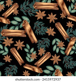 
Seamless pattern with winter Christmas spices on black background. Endless wrapping design with pine branches, cinnamon sticks, cardamon seeds, orange and ginger slices. Hand-drawn vector