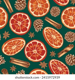 
Seamless pattern with winter Christmas spices on black background. Endless wrapping design with pine branches, cinnamon sticks, cardamon seeds, orange and ginger slices. Hand-drawn vector