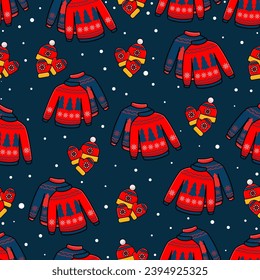 Seamless pattern, winter, Christmas sweaters, winter hat, mittens, snow, holiday, family, winter set, dark blue background, vector, illustration.

