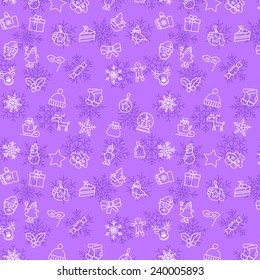 Seamless pattern with winter and Christmas thin line elements and objects