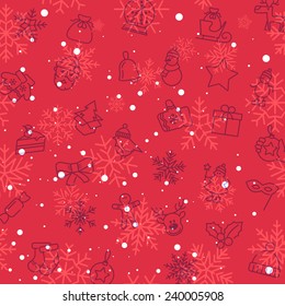 Seamless pattern with winter and Christmas thin line elements and objects