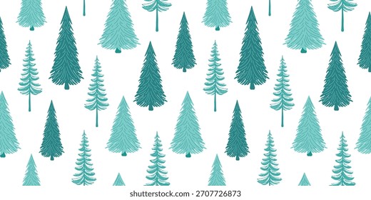 Seamless Pattern With Winter Christmas Trees. Abstract design of coniferous trees, blue fir trees on a white background. Vector horizontal background for postcards, paper printing, fabric, banners