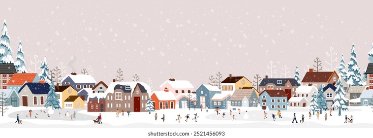 Cena de cidade de inverno com padrão contínuo, Cartão de Natal, Fundo de Ano Novo, Ilustração de vetor Horizonte sem fim Casas de fadas bonitas com neve.Padrão Natal paisagem de inverno Design para cartão postal