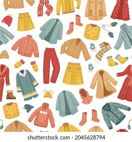 The seamless pattern with winter clothes. Coats, The vector set of winter clothes. Coats, hats, gloves, shoes and socks.