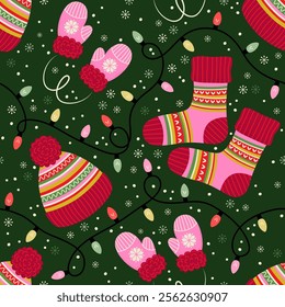 Seamless pattern with winter clothes, garlands and snowflakes. Vector illustration.