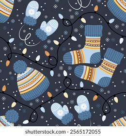 Seamless pattern with winter clothes, garlands and snowflakes. Vector illustration.