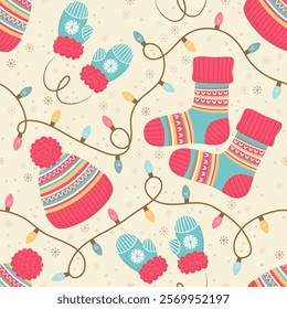 Seamless pattern with winter clothes, garlands and snowflakes. Vector illustration.