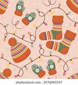 Seamless pattern with winter clothes, garlands and snowflakes. Vector illustration.