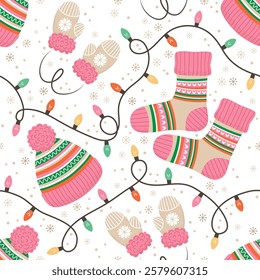 Seamless pattern with winter clothes, garlands and snowflakes. Vector illustration.